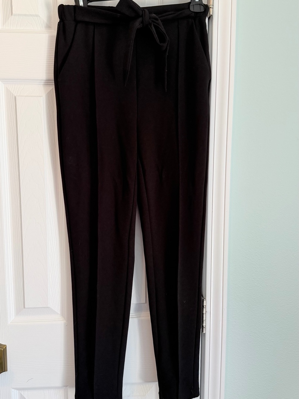 SHEIN Black Paperbag Tie-Waist Straight Leg Stretchy Work Pants